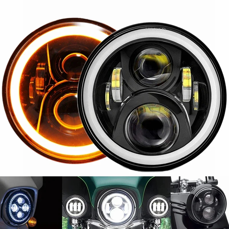 A close-up view of a 7-inch LED headlight assembly with DRL and turn signals, showing the internal components.
