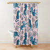 A pink shower curtain featuring a pattern of blue and teal leopards in various poses.