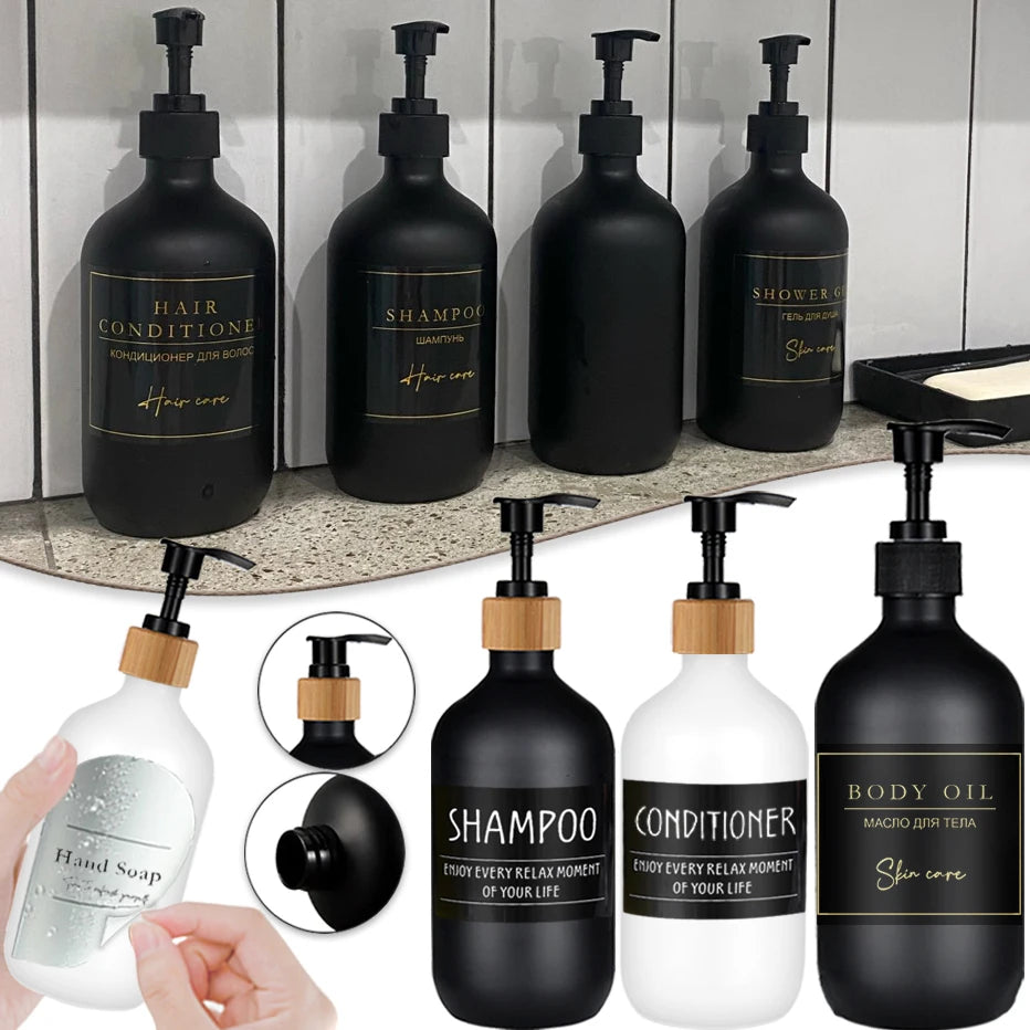A collection of black and white refillable bottles for hair, body, and shower products including shampoo conditioner and body