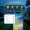 A smartphone screen shows a smart weather skip feature for watering, with options for rain, freeze, wind, and seasonal adjust