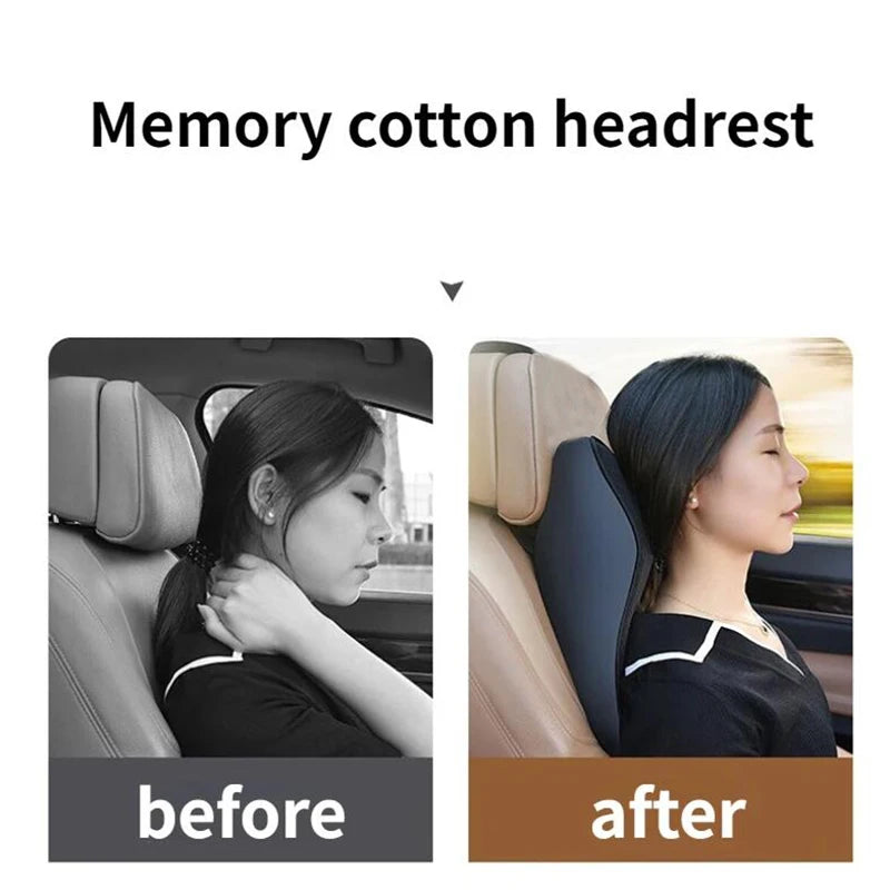 Before and after comparison of a memory cotton headrest on a car seat.