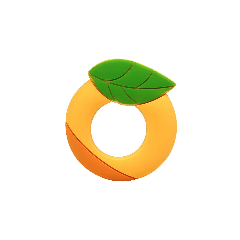 An orange silicone fruit-shaped baby rattle teether with a green leaf on top.