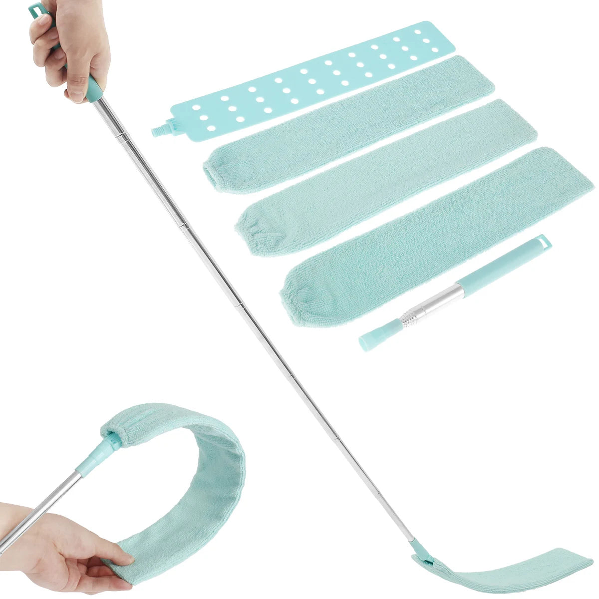 A hand holds a retractable microfiber gap cleaning duster with a flexible head and multiple cleaning pads.