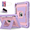 A pink shockproof hybrid case for an iPad is shown with a built-in stand and pencil holder.