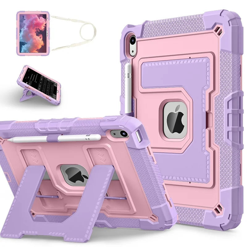 A pink shockproof hybrid case for an iPad is shown with a built-in stand and pencil holder.