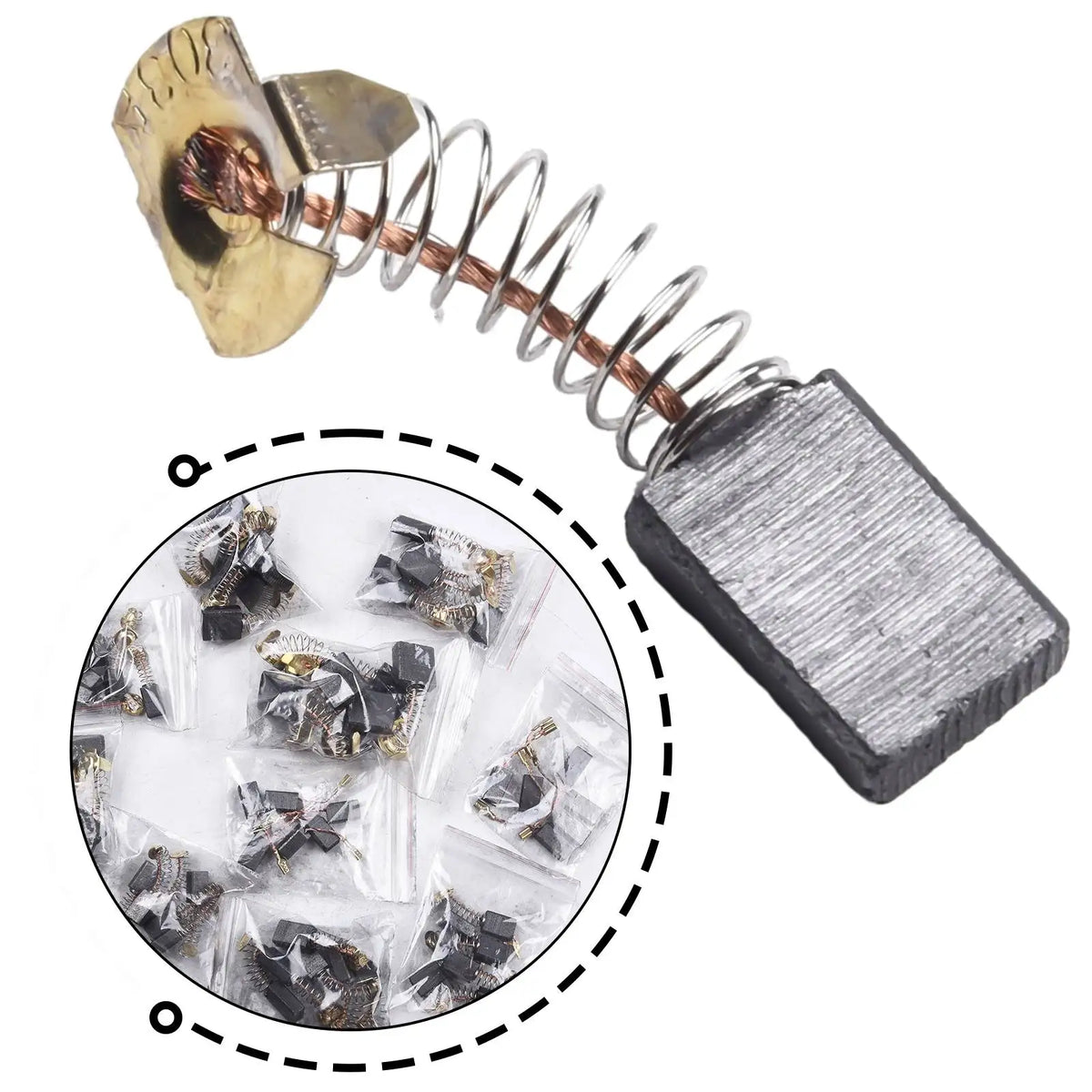 A metal brush assortment kit featuring a coiled wire and several carbon brushes in plastic packaging.