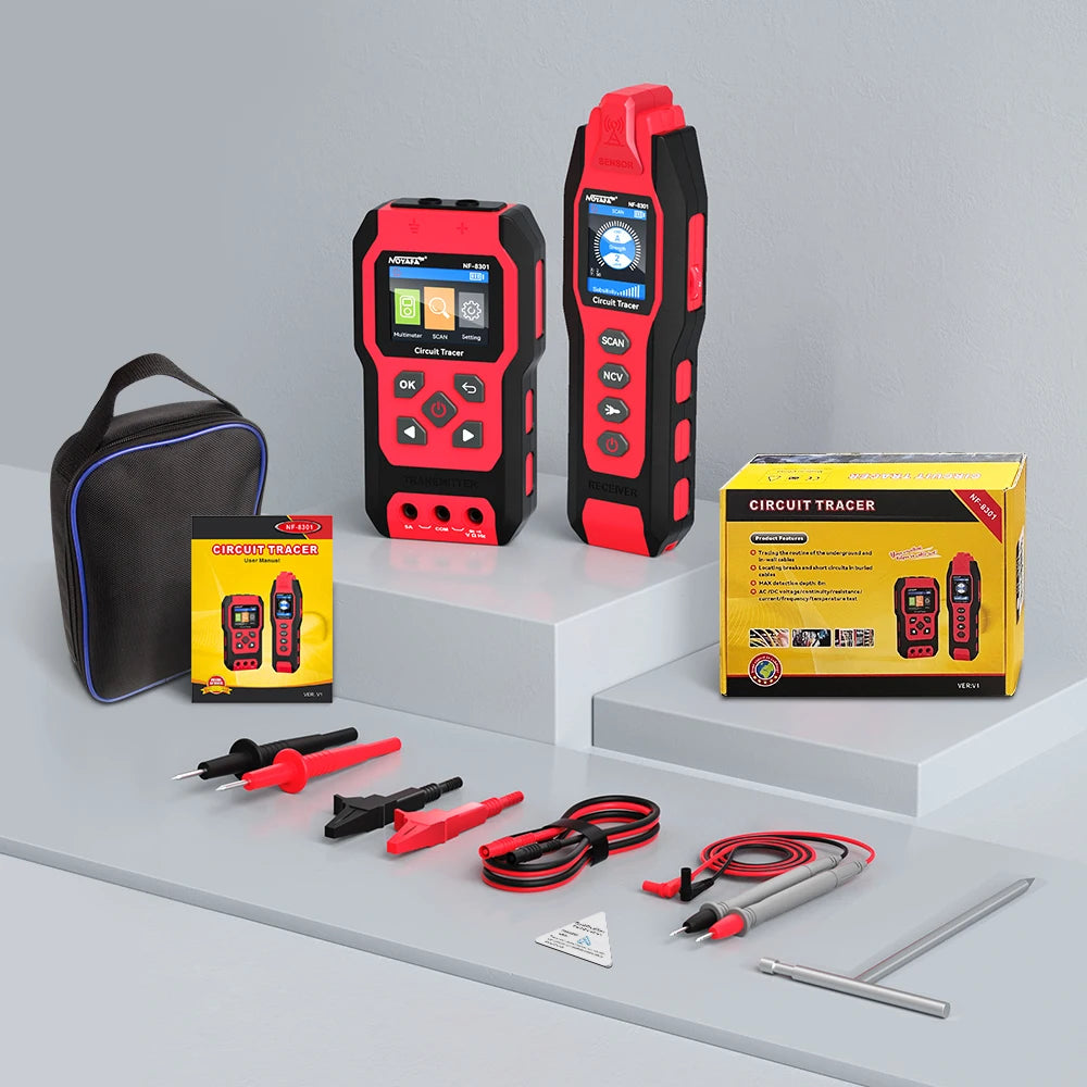 A red and black circuit tracer device is shown next to its cable, multimeter probes, and a yellow box.