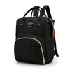 Black insulated canvas mummy diaper bag with a hanging hook and zippered compartment.