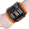 An orange magnetic wrist strap holding various screws, nails, and small tools.
