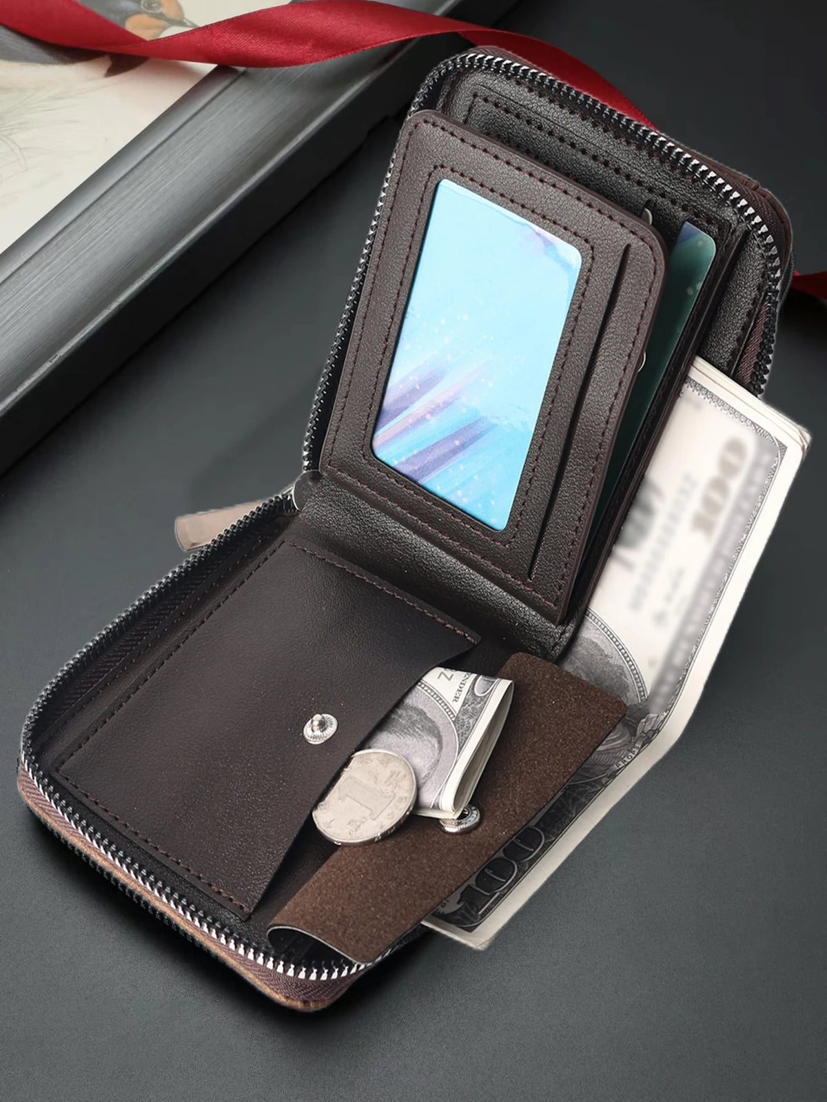 HOVIS Men's Slim Leather Wallet with Eagle Emboss and Zip Closure