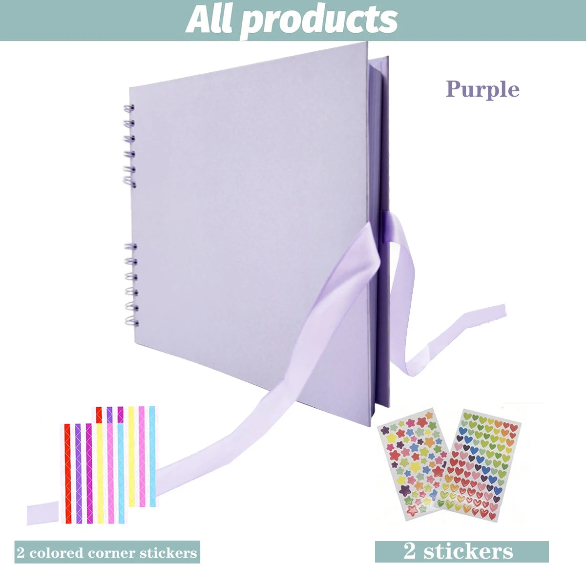 Purple scrapbook album with a ribbon and two colored corner stickers and two decorative stickers