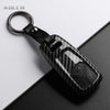 Black carbon fiber style key fob cover with a metal ring and black strap resting on a dark surface.