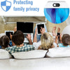 A family is using a laptop and mobile devices while a privacy webcam cover slider is shown in the upper right corner.