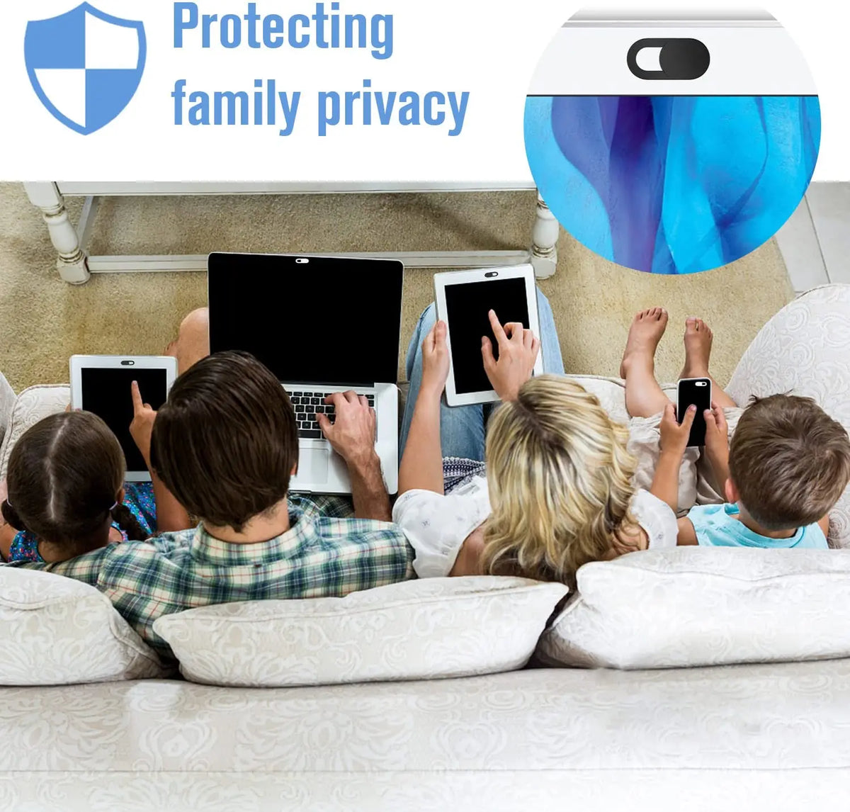 A family is using a laptop and mobile devices while a privacy webcam cover slider is shown in the upper right corner.