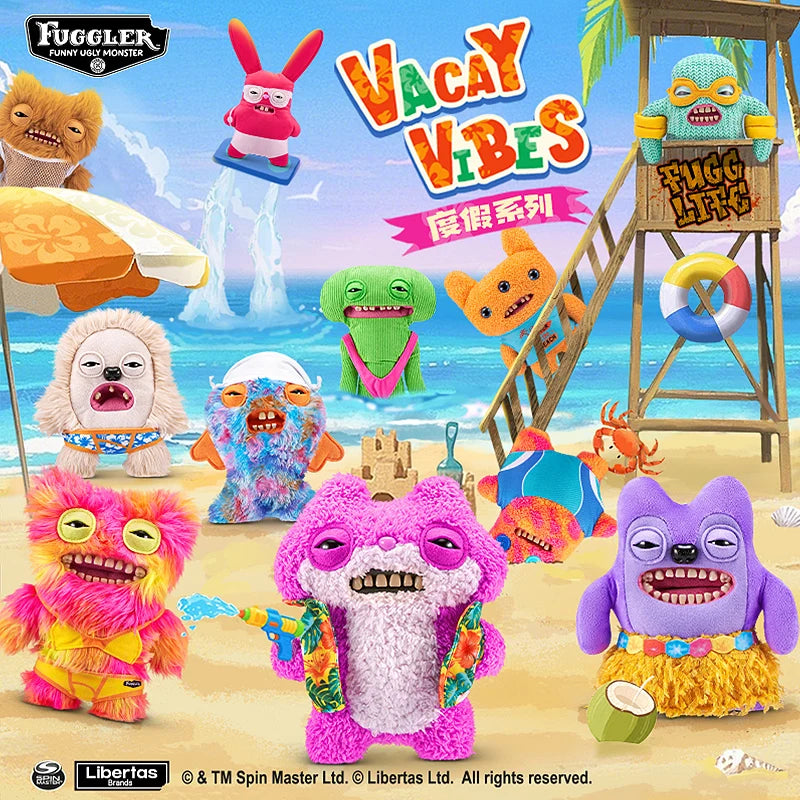 A collection of colorful Fuggler Ugly Monster plush toys and related items displayed on a wooden structure.