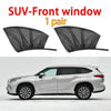A pair of black UV-Front window sunshades with mosquito mesh shown next to a silver SUV.