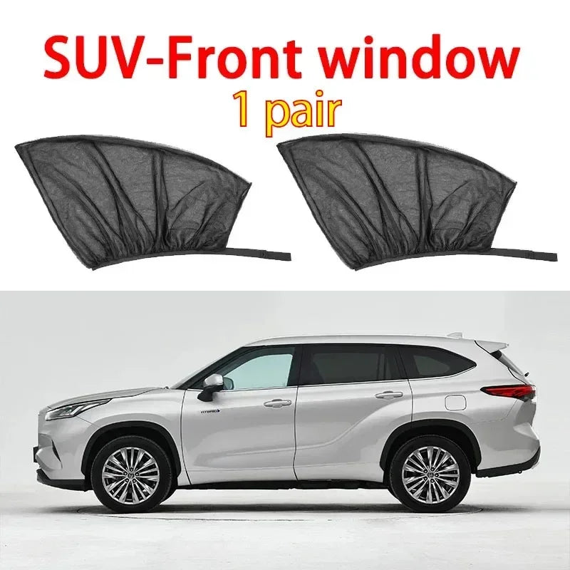 A pair of black UV-Front window sunshades with mosquito mesh shown next to a silver SUV.