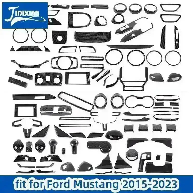 A collection of carbon fiber grain decorative trim pieces for a Ford Mustang 2015-2023 vehicle.