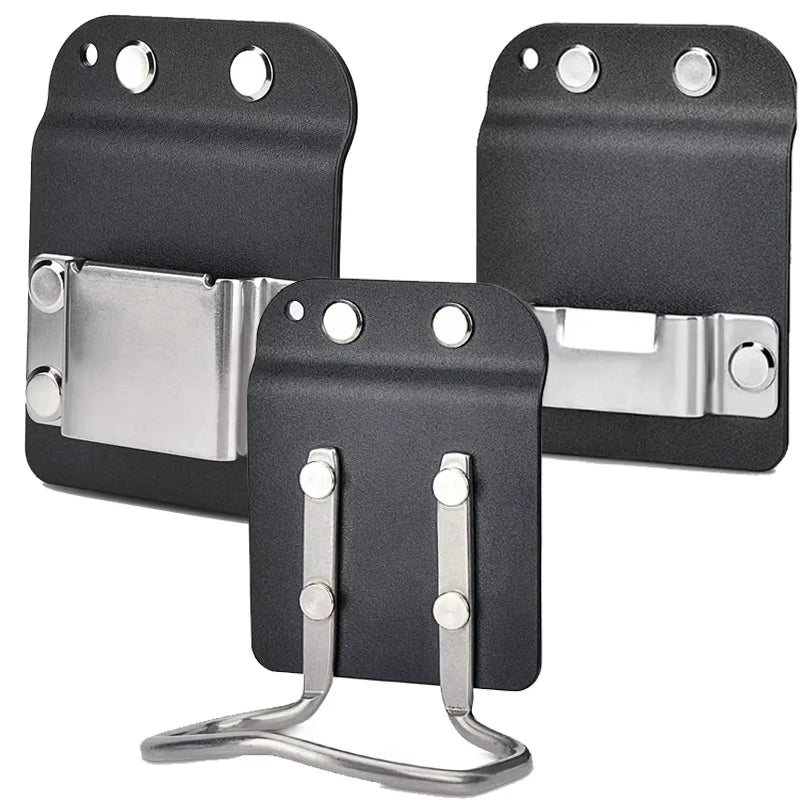 Black clip-on tool belt holster for drills and power tools with metal mounting plates