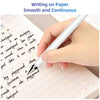 A hand writes on lined paper with a white pen, demonstrating smooth and continuous writing.
