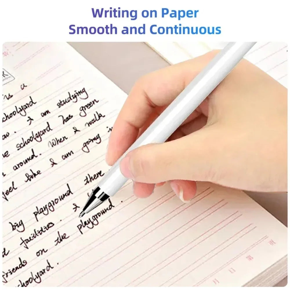 A hand writes on lined paper with a white pen, demonstrating smooth and continuous writing.