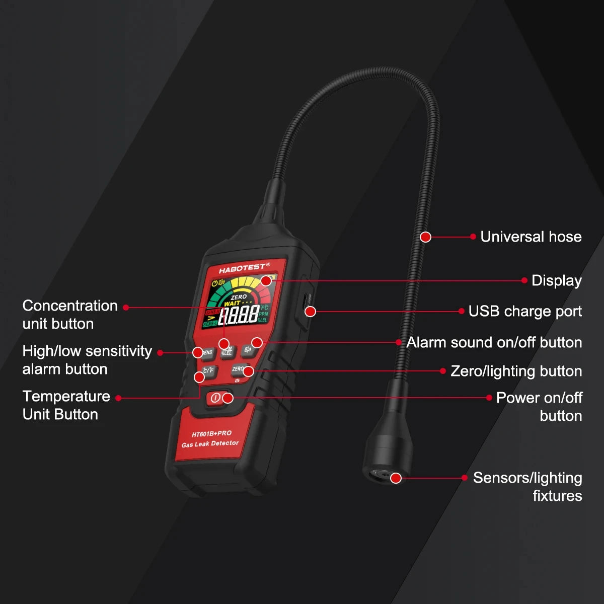 Portable Combustible Gas Leak Detector with Flexible Probe