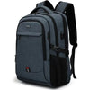 A dark gray laptop backpack with black accents and a USB charging port.