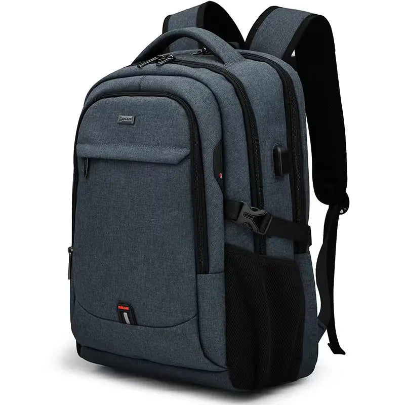A dark gray laptop backpack with black accents and a USB charging port.