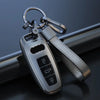 A titanium gray Audi key fob cover with a leather strap is shown against a dark background.