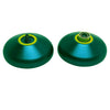 A pair of green metal yoyo bearings with yellow accents.