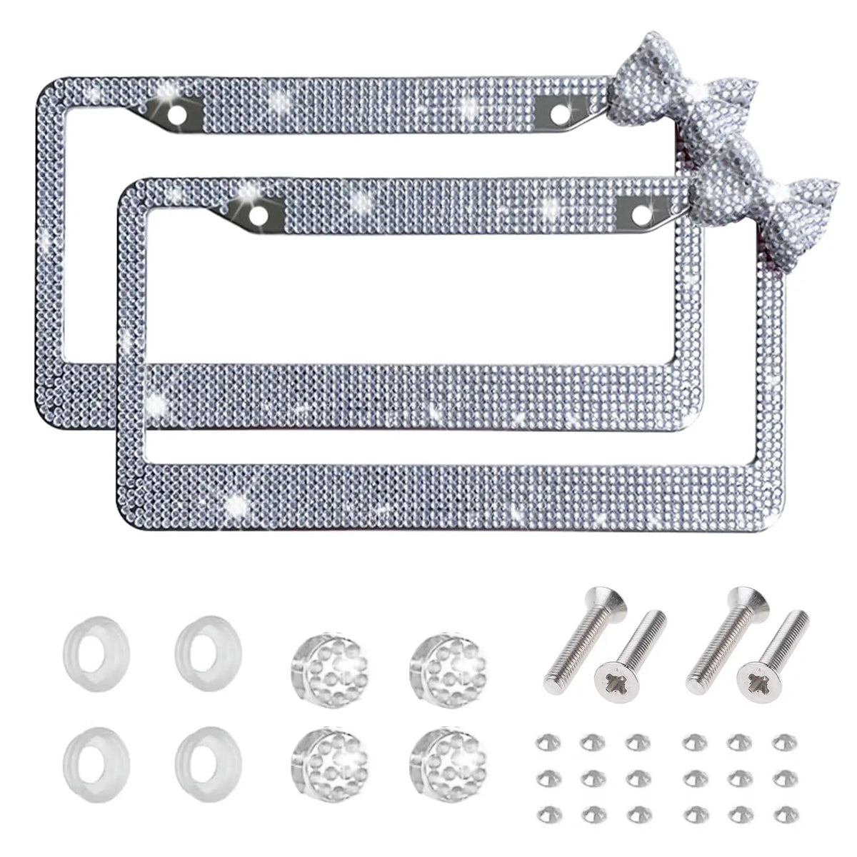 Silver rhinestone license plate frame with a bow accent and various mounting hardware.