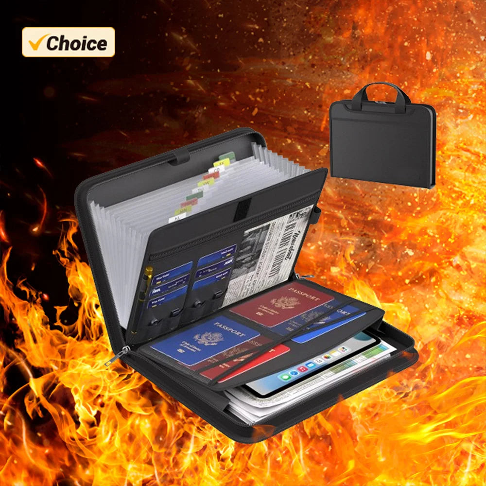 A black fireproof waterproof document organizer bag is open, showing multiple compartments and a passport inside, set against