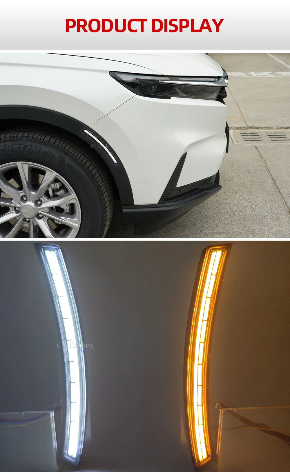 Close-up display of LED daytime running lights and dynamic turn signal assemblies for a Honda CR-V.