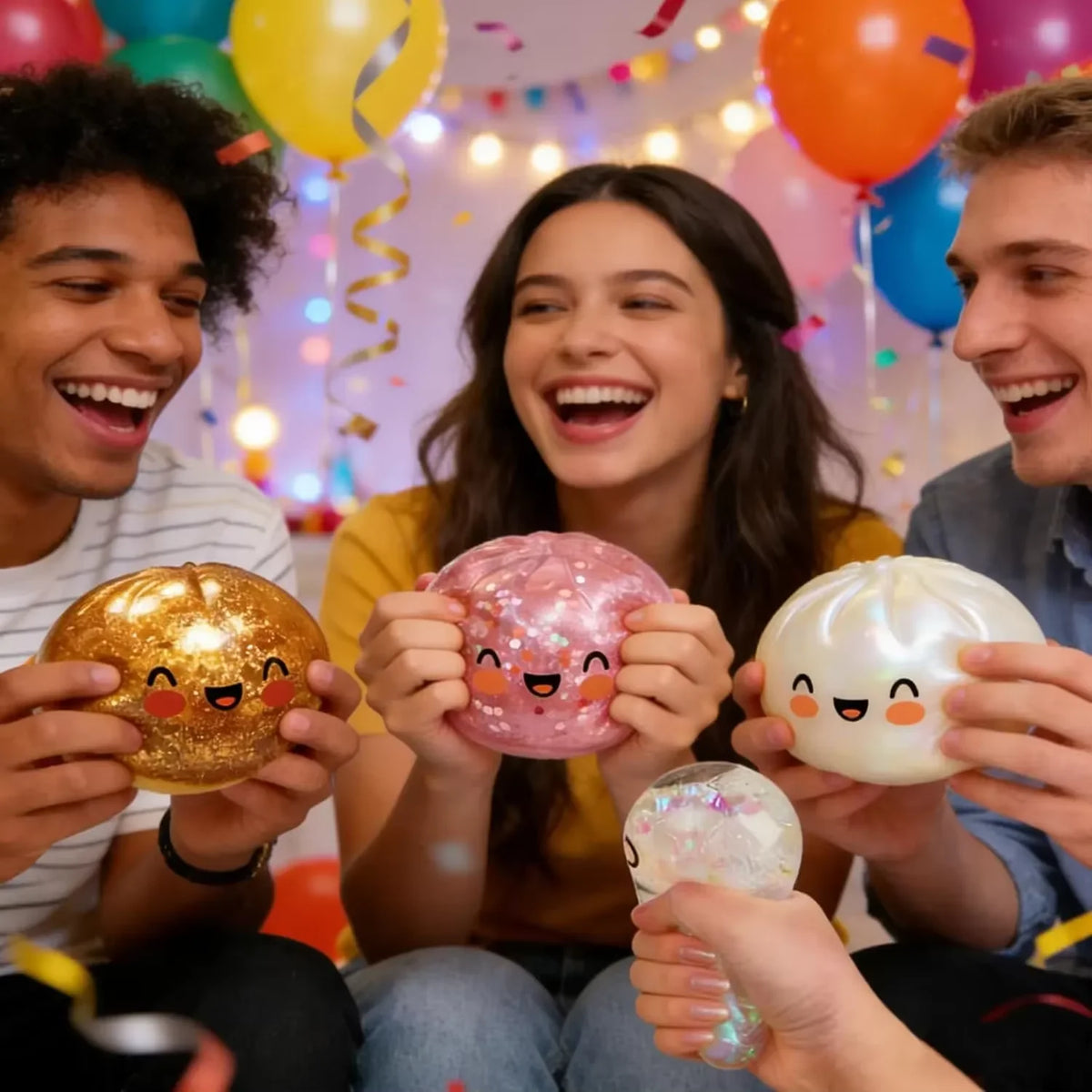 Tres personas riendo mientras sostienen juguetes antiestrés brillantes dorados y rosados