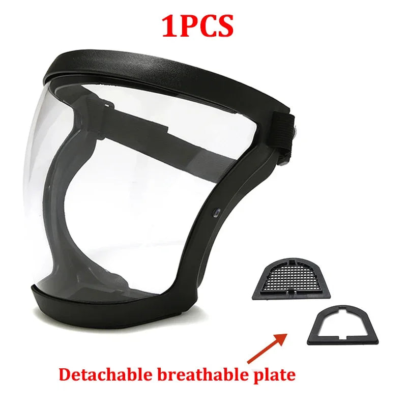 A black protective face mask with a clear shield and a detachable breathable plate shown from above.
