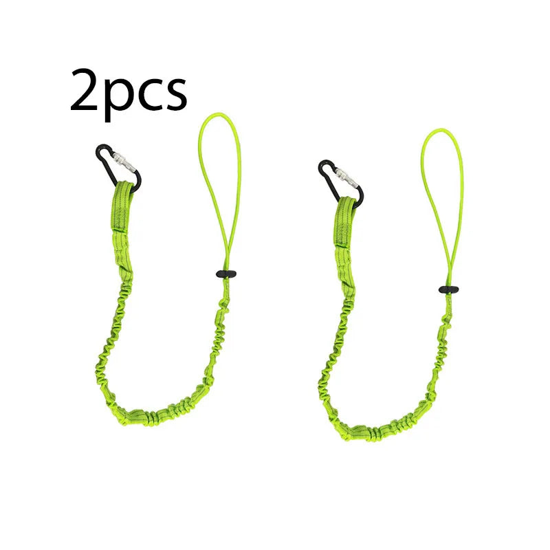 Two bright lime green bungee tethers with carabiner hooks