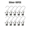 Ten silver stainless steel clothespins with hooks for laundry or clamping tasks
