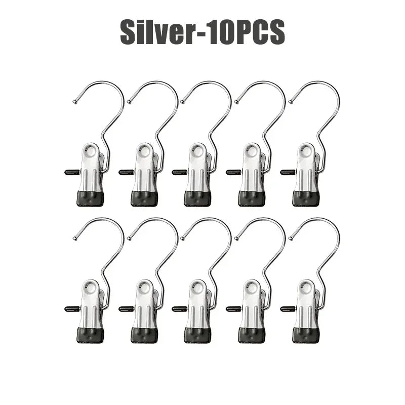 Ten silver stainless steel clothespins with hooks for laundry or clamping tasks
