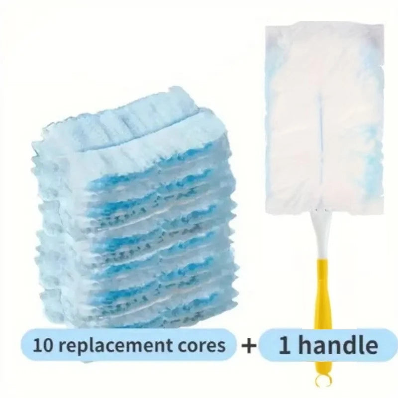 A stack of ten blue microfiber duster replacement cores and one yellow handle for cleaning.