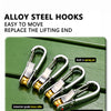 A set of alloy steel hooks with built-in spring pins and corrosion-resistant alloy shafts shown on a green surface.