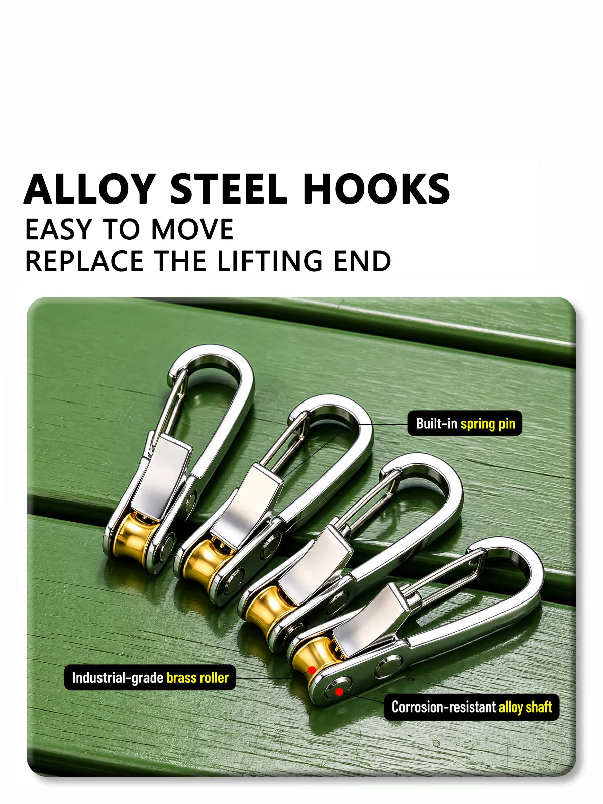 A set of alloy steel hooks with built-in spring pins and corrosion-resistant alloy shafts shown on a green surface.