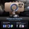 A hand holds an iPhone with a magnetic ring mount and two magnetic cases, demonstrating the design for MagSafe.