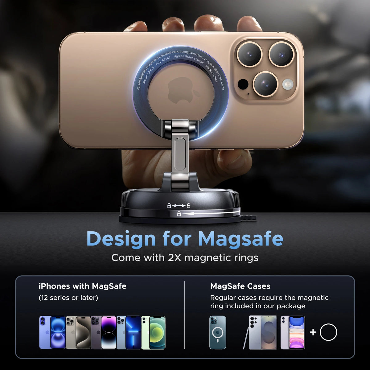 A hand holds an iPhone with a magnetic ring mount and two magnetic cases, demonstrating the design for MagSafe.