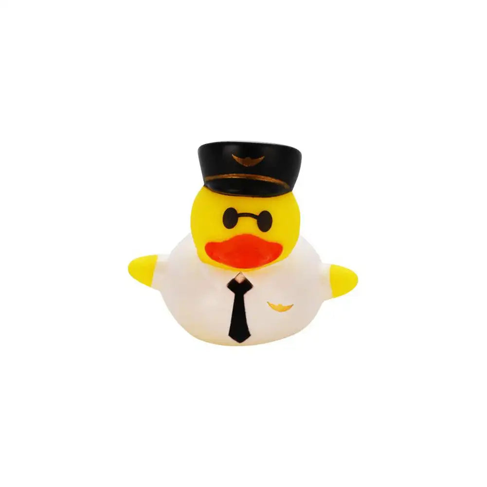 A yellow rubber duck bath toy with a black top and a black tie detail.