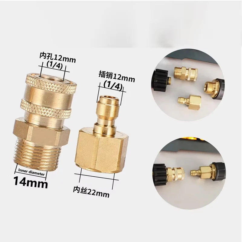 Brass pressure washer adapter kit showing M22 to quick connect fittings and various sizes.