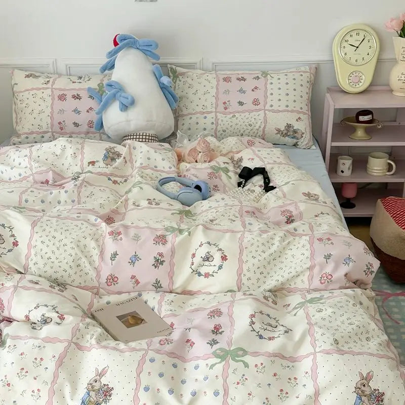 Pink floral bedding set featuring a duvet cover and pillowcases with white and pink patterns.