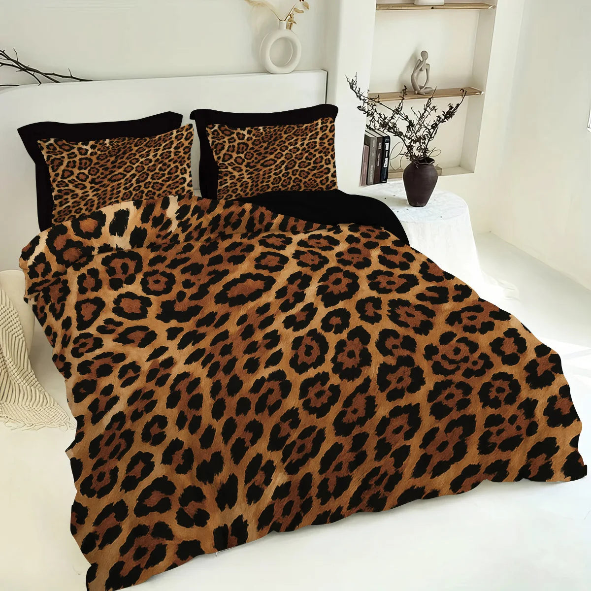 A brown leopard print duvet cover set with matching pillowcases displayed on a white bed.