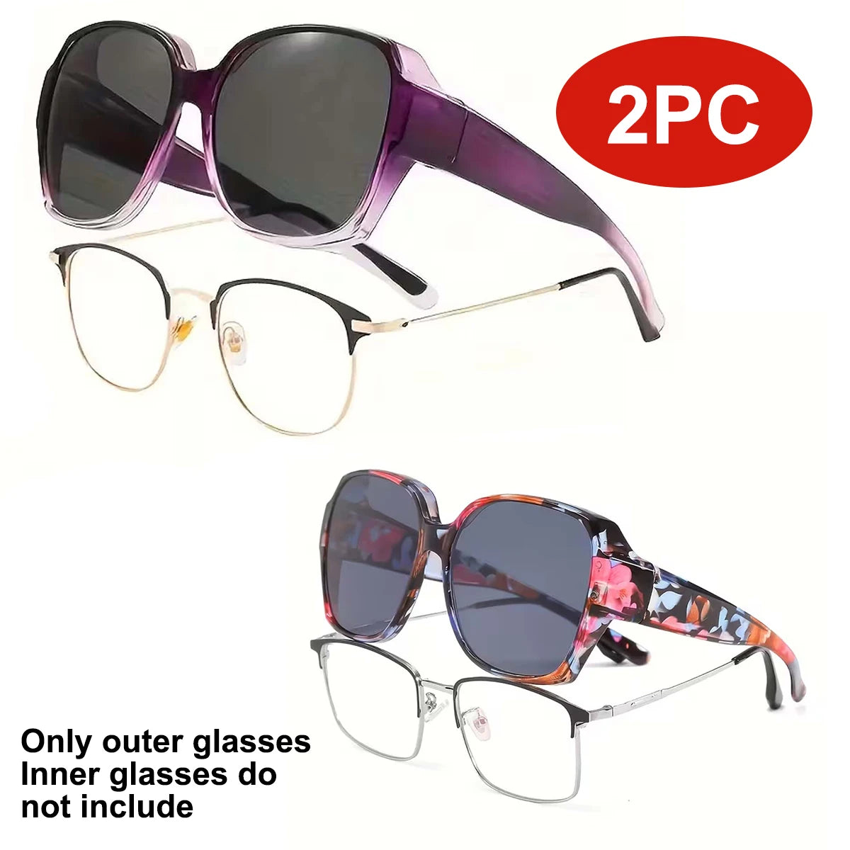 Un par de gafas de sol moradas y un par de gafas de montura transparente, con indicación de 2 piezas.