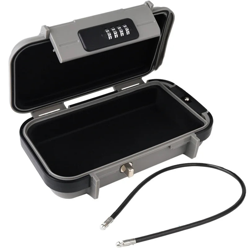 A portable travel safe lock box with a combination lock and detachable cable shown open.