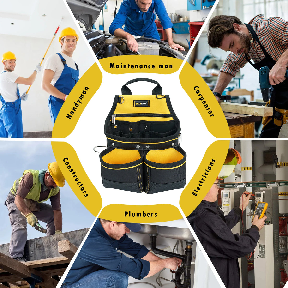 A collection of various tradesmen using a heavy-duty tool pouch and hammer holder in construction and repair settings.